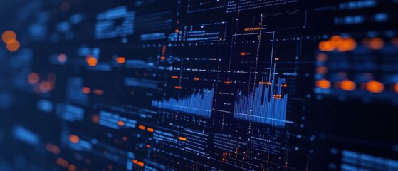 Obraz premium Abstract Futuristic Digital Data Stream with Glowing Blue and Orange Graphs