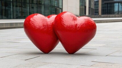 Valentine decor campaign. Two shiny red hearts side by side on a pavement.