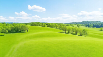 Lush green countryside landscape with blue skies, rolling hills, and serene open fields, capturing the beauty of nature and rural tranquility.