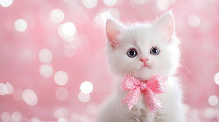Adorable kitten with a pink bow