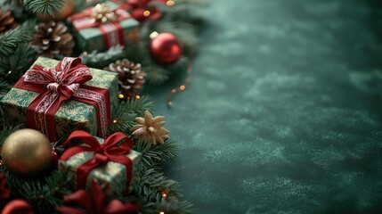 beautiful christmas decorations and wrapped gifts in the corner on a green background with large blank space for text