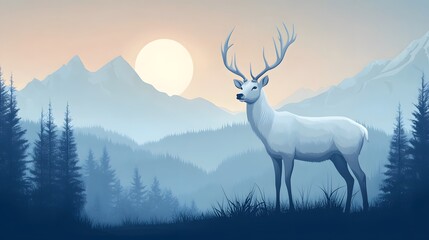 A majestic white deer with perfect antlers, and beautiful mountain forest views