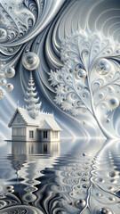 Futuristic white house surrounded by abstract snowy patterns and reflections in a serene landscape