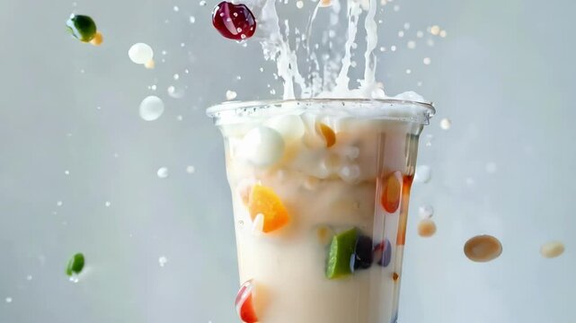 Iced bubble tea with milk and boba splashing from a plastic cup, surrounded by vibrant droplets and candies on a gray backdrop. ai