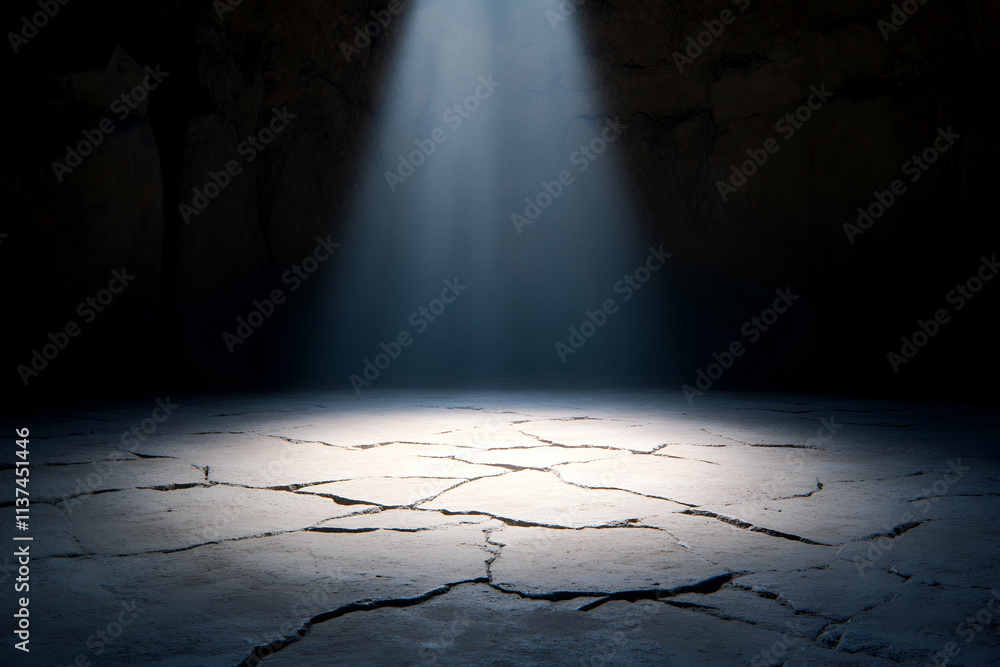 Poster a mesmerizing beam of light shines down on a cracked surface, creating an ethereal atmosphere.