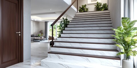 Chic staircase with marble steps, dark wood handrails, and large window bringing in natural light.