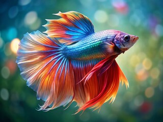 Fototapeta premium Colorful Siam Betta Fish with Elegant Long Tail in Minimalist Style, Showcasing Vibrant Hues Against a Soft Background for Stunning Visual Impact and Aesthetic Appeal in Nature Photography