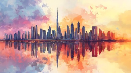 Dubai Skyline at Sunset: A Vibrant Cityscape Painting