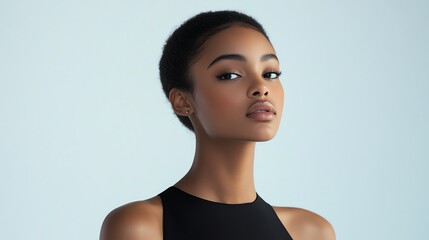 A black woman with short afro hair and a black halter top, looking directly at the camera.