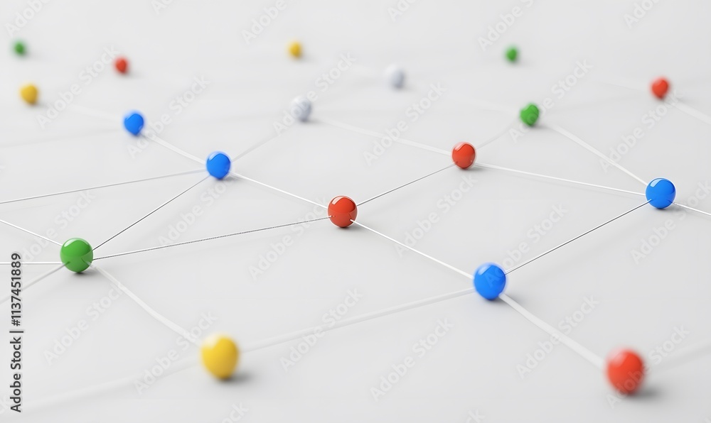 Poster connected network of colored dots with string on white background.