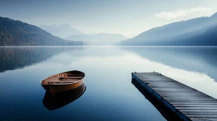 Peaceful Lake Scene with a Tied Boat, Perfect for Relaxation and Serenity Concepts Generative AI