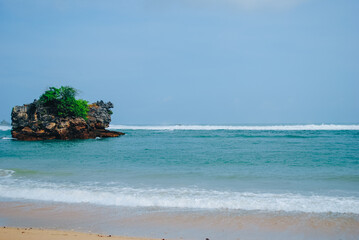 A small island which is a rock that appears on the surface of the sea and is now filled with green