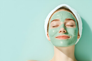 Woman relaxing with a green facial mask on smooth skin, enjoying self-care at home.