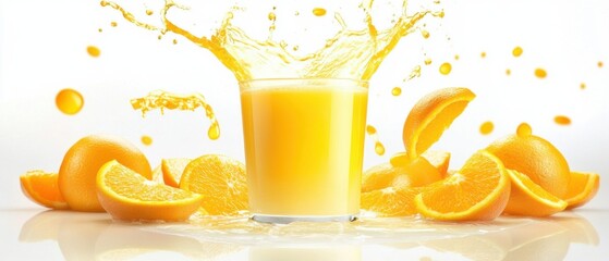Fresh Orange Juice Splashing with Slices, Vibrant Citrus Drink Photography