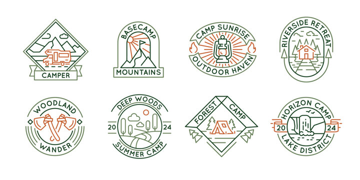 Camping and outdoor adventure logos, labels, icons. A set of 8 camping logotypes. Camper, Bear, Lake, Mountains, Forest. Ideal for branding campsites, outdoor gear, adventures. Vector illustration