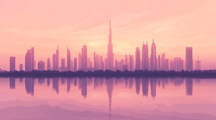 Fototapeta premium Dubai Skyline at Sunset: A Stunning Pink Panorama