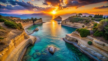 Obraz premium Conceptual Photography of the Enchanting Canal d'Amour in Sidari, Corfu, Showcasing Unique Rock Formations and Crystal Clear Waters with Breathtaking Sunset Reflections