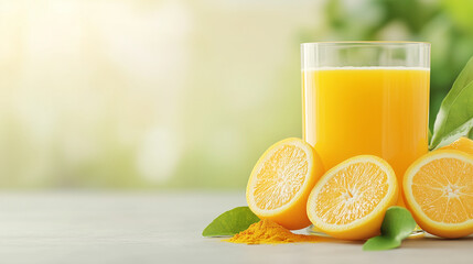 Obraz premium Freshly squeezed orange juice with a sprinkle of turmeric, brain-boosting drink, vibrant and healthy.