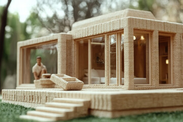 close up of handmade futuristic house model showcasing intricate design and natural materials. structure features large windows and modern aesthetic, surrounded by greenery