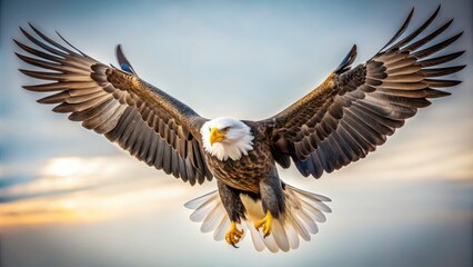 Obraz premium Majestic Bald Eagle in Flight: Stunning Isolated Landscape Photography of Haliaeetus Leucocephalus against White Background, Perfect for Nature Lovers
