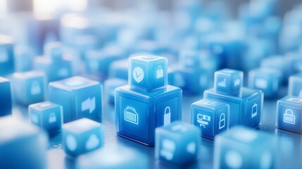 Secure Data Network: Abstract Blue Cubes with Security Icons