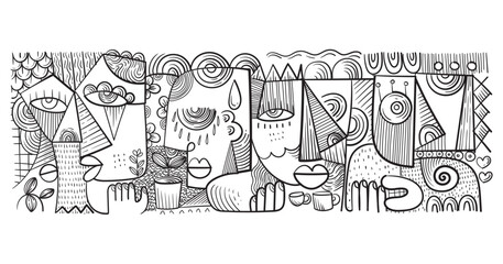 Obraz premium abstract hand drawing face portrait geometric decorative doodle outlines vector illustration. Line art black and white aesthetic design for wall art, prints, cards, decoration, banner and background.