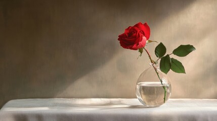 A Single Red Rose in a Clear Vase on a White Tablecloth, Still Life Photography Generative AI