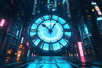 A futuristic clock in a neon-lit urban environment, showcasing time and technology.