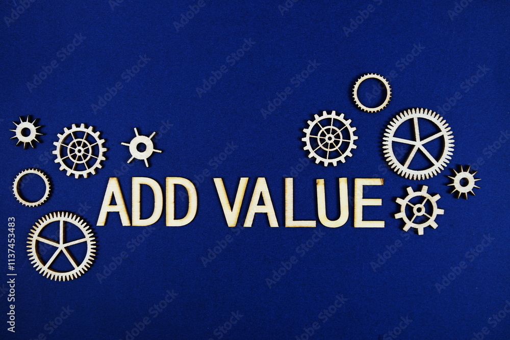 Poster add value alphabet letters with gears element on navy blue background
