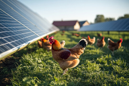Free-range chickens roam beneath solar panels on a sustainable farm.