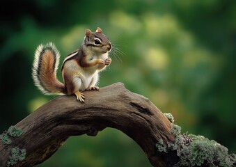Chipmunk perched on the end of an old tree branch