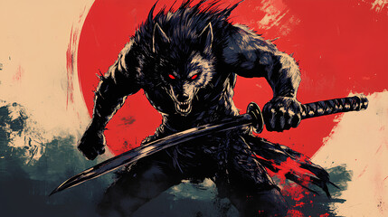 vintage ancient werewolf ghost with his samurai in Japanese theme