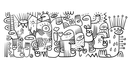 abstract hand drawing face portrait geometric decorative doodle outlines vector illustration. Line art black and white aesthetic design for wall art, prints, cards, decoration, banner and background.