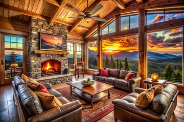 Cozy Cabin Sunset Panorama: Mountain View Fireplace Interior Photography