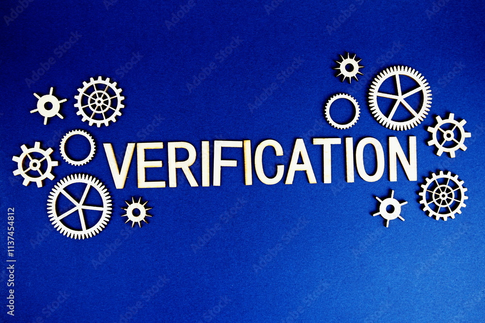 Poster verification alphabet letters with gears element on navy blue background