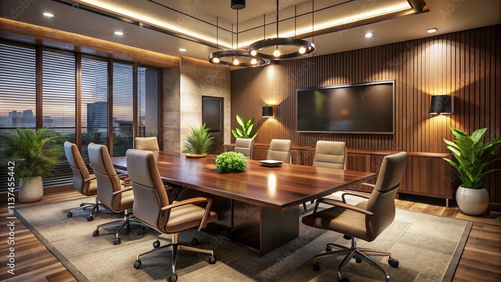 Aufkleber cozy office conference room interior with meeting table and mock-up tv display in low light setting,