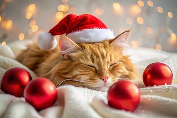 Obraz premium Cozy Red Fluffy Cat in Santa Hat Sleeping on White Bed Surrounded by Red Christmas Balls for Festive Holiday Vibes and Vintage Style Photography