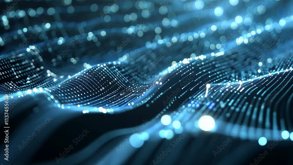 Poster blue background with lines and dots, abstract visualization of a deep learning neural network made u