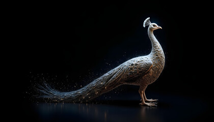 Elegant white gray peacock with sparkling gold glitters, digital art illustration with black background