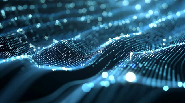 Blue Background With Lines and Dots, Abstract visualization of a deep learning neural network made up of binary code