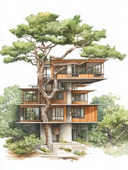 Japanese Cedar Tree Integrated into Building Facade, Watercolor Illustration for Architecture and Design Concepts Generative AI