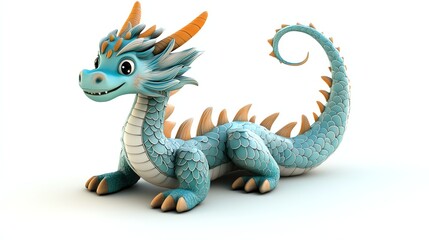 A cartoon-style blue and green dragon with orange horns and a curled tail, against a white background.