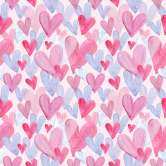 Watercolor seamless pattern of colorful hearts.St.Valentine`s day illustration.Packaging,textile,paper design.Love pattern.