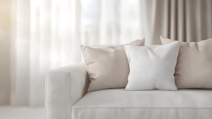 Fototapeta premium Pillows resting on sofa, bright room, minimalist background.