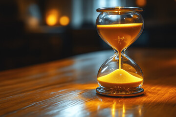 Hourglass with flowing sand on wooden table.