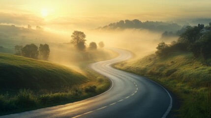 Fototapeta premium Serene misty landscape at dawn with winding road, perfect for travel or relaxation concepts Generative AI