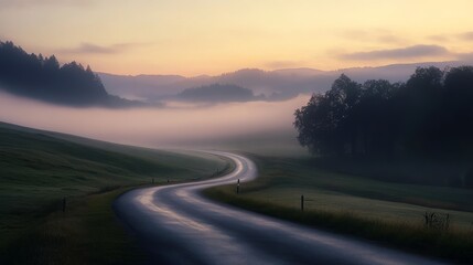 Fototapeta premium Serene Foggy Landscape at Dawn, Peaceful Empty Road Winding Through Misty Hills Generative AI