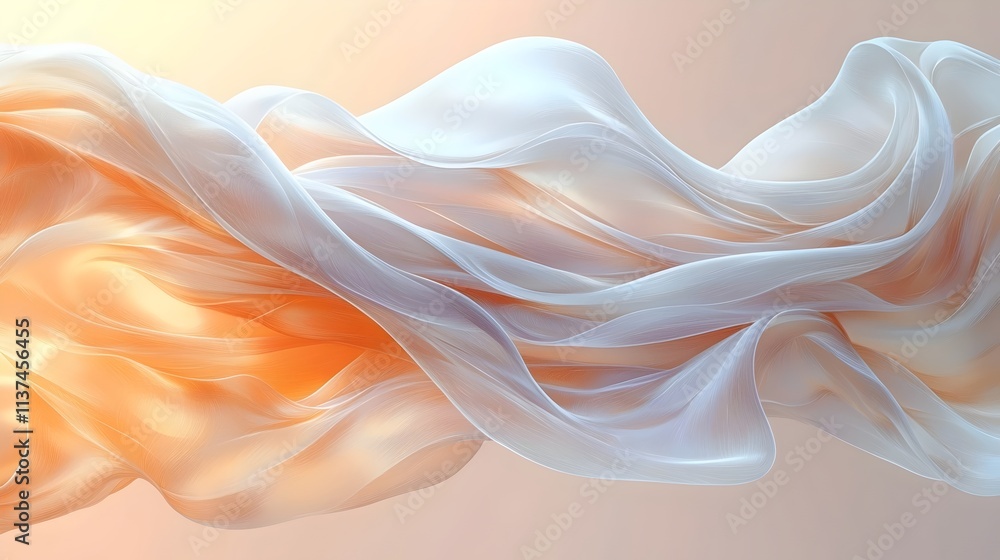 Poster an ethereal swirl of translucent fabric with soft orange and white hues, creating a dreamy, flowing 