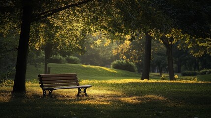Serene Park Bench at Dusk with Soft Light Filtering Through Trees Generative AI