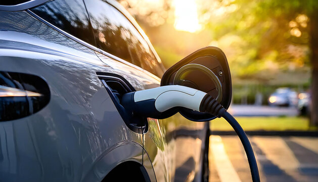 公共の充電ステーション。電気自動車。EV充電器。充電ハンドルのクローズアップ。Public charging station. Electric car. EV charger. Close-up of the charging handle.